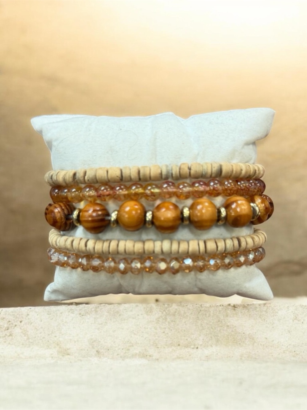 Boho Wood & Amber Beaded Bracelet Set – Stackable Stretch Bracelets